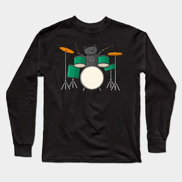 Drummer Cat Long Sleeve T-Shirt by Doodlecats 